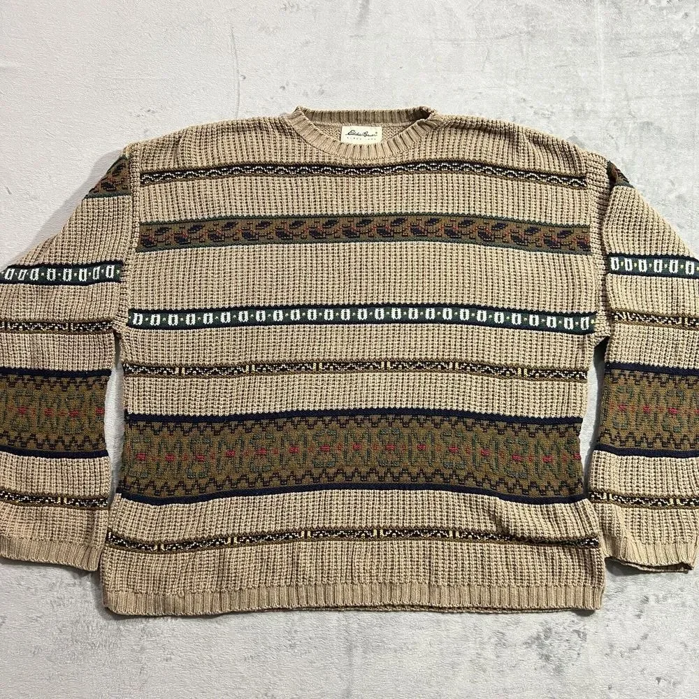 Eddie Bauer Knitted Sweater Mens L Brown Fair Isle USA Made VTG 90s Oversized